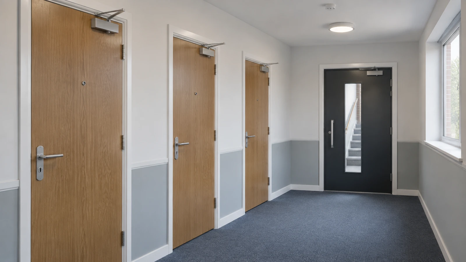 Communal corridor with flat entrance fire doors in a block of flats