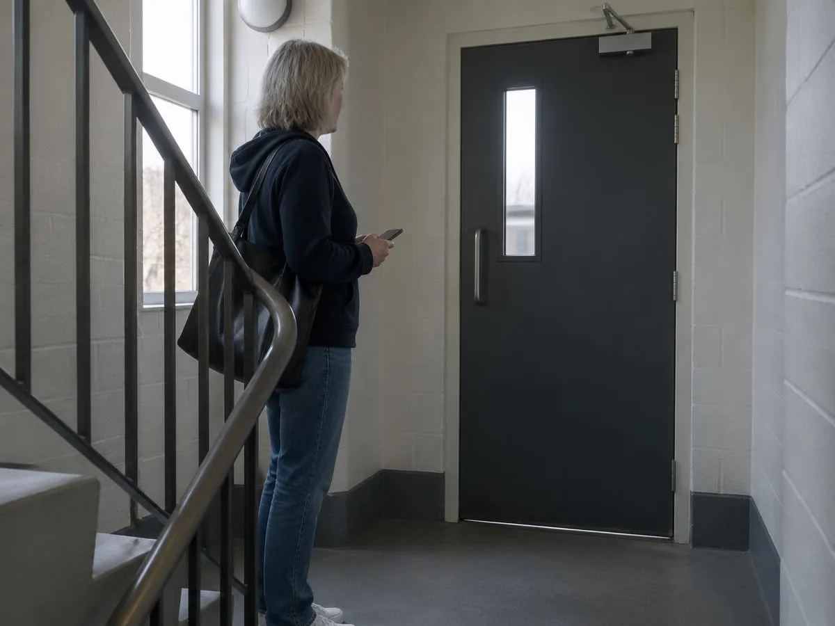 Volunteer director checking a stair door with a phone