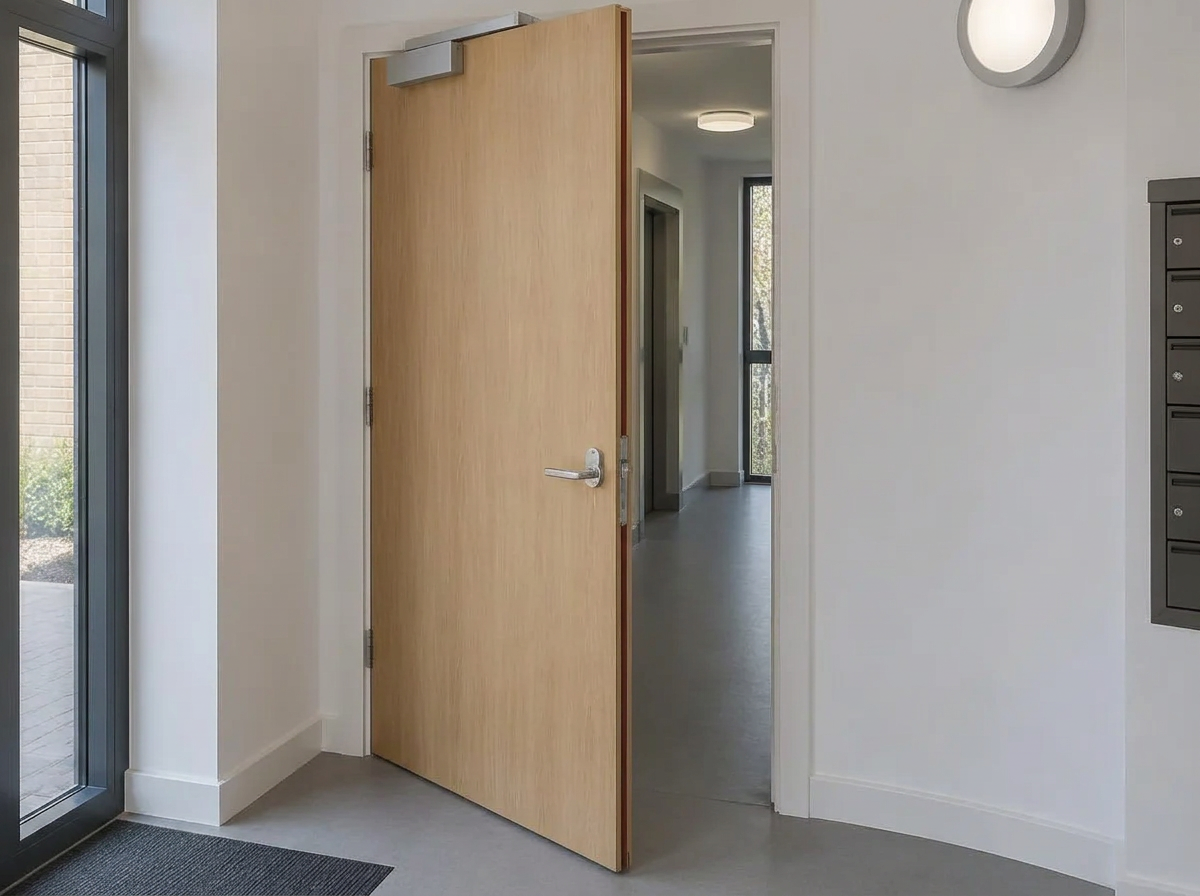 Fire door closing into its frame under its self-closing device